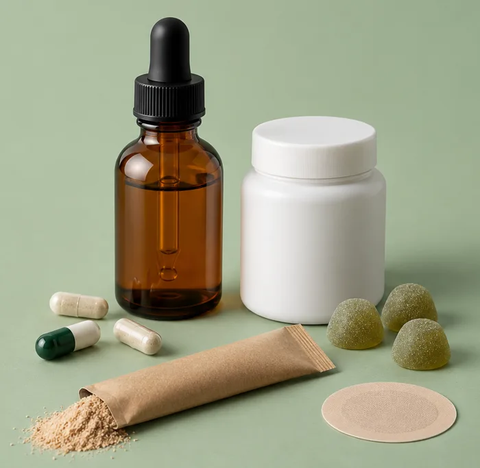 Verschiedene Darreichungsformen: Tropfflasche, Kapseldose, Kapseln, Fruchtgummis, Pulver-Sachet und Pflaster